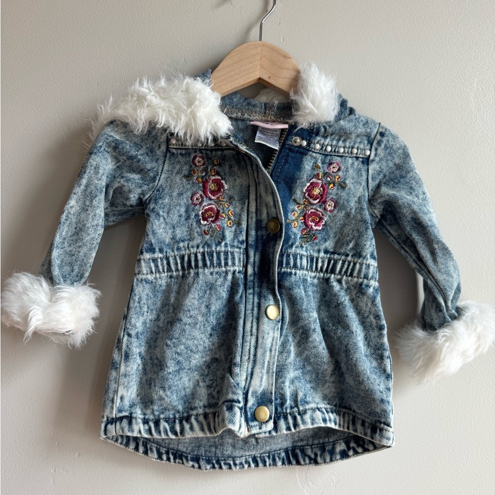 Little Lass Embroidered Floral Denim Jacket Faux Fur Hood 18M Boho Scandi Cotton